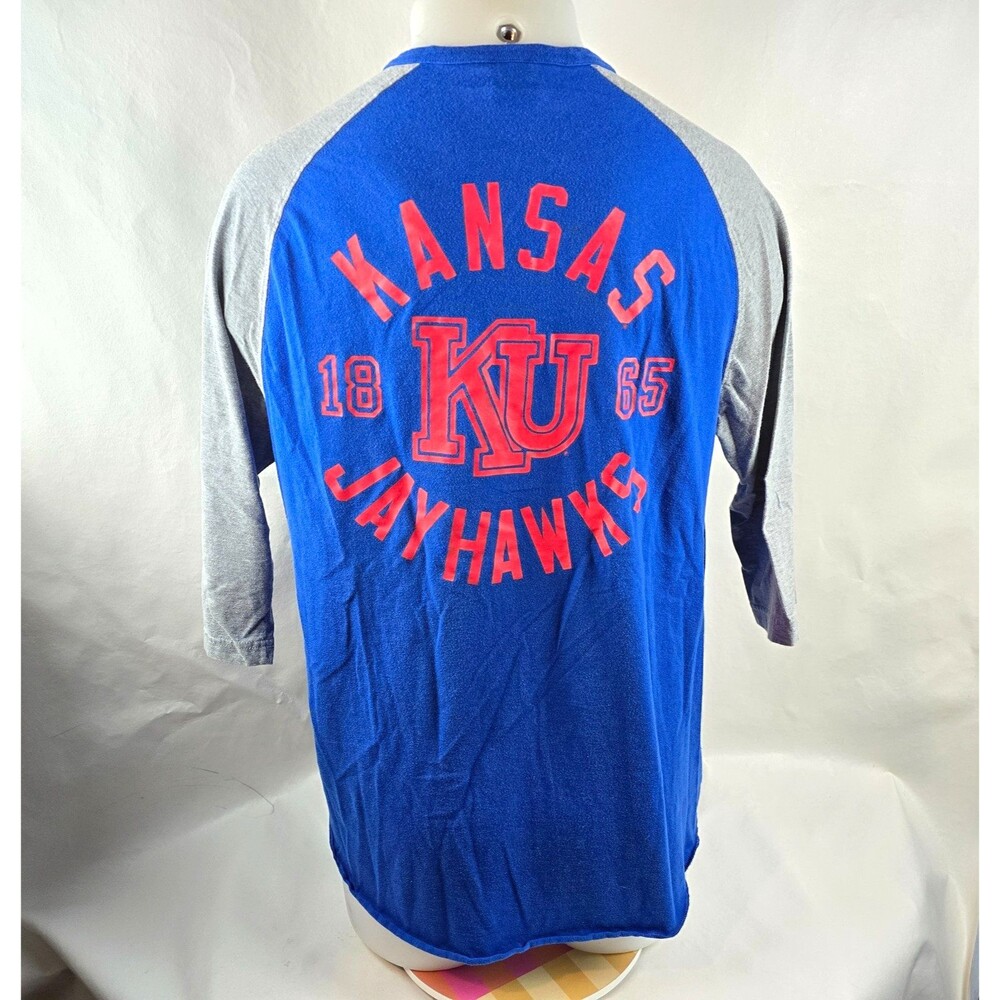 Kansas Jayhawks T Shirt Mens Large Blue Gray Adidas Henley Raglan Retro Style